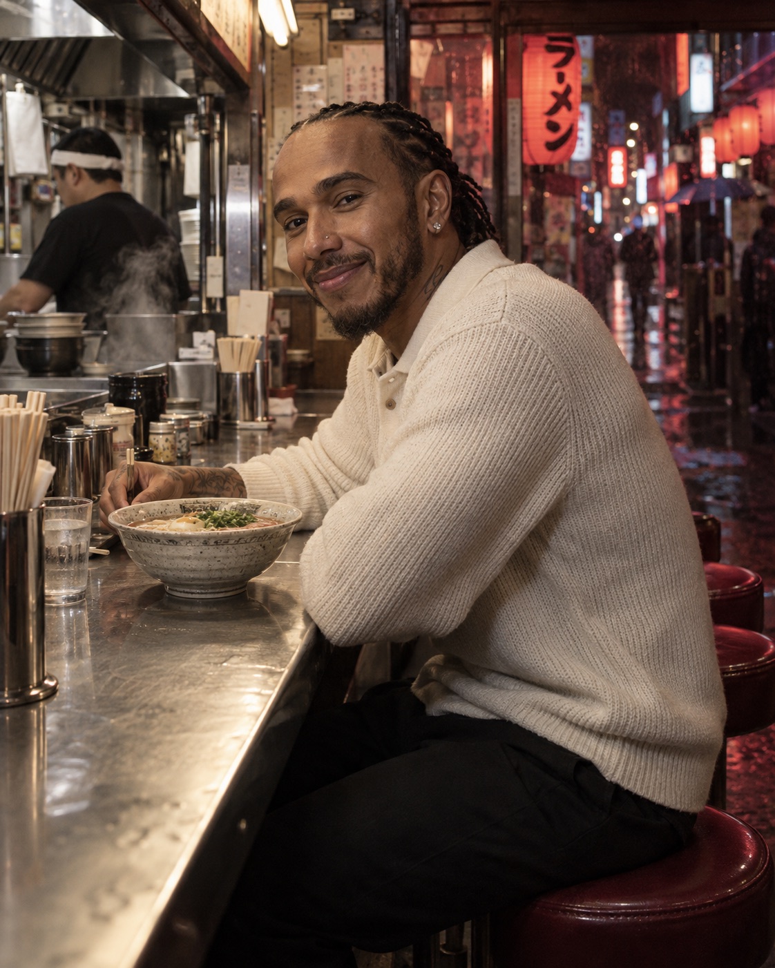 Mixed light, textured knitwear and a lived-in counter give an environmental portrait its character.