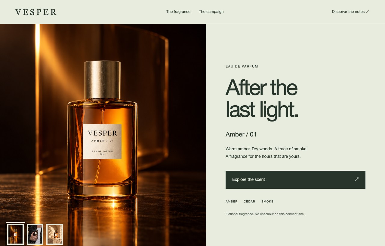 A fragrance website that carries amber glass and warm light through the full page.