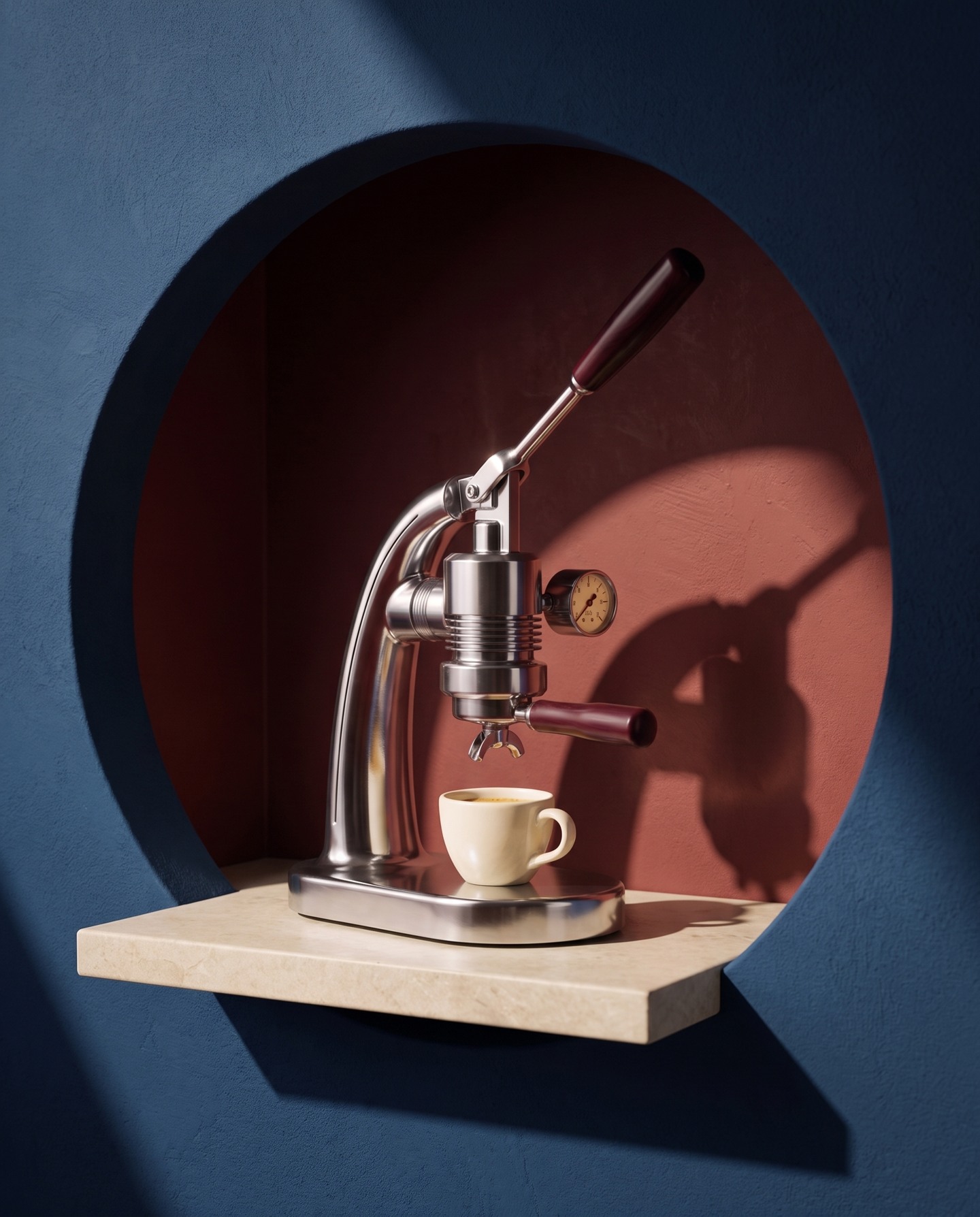 Chrome espresso maker framed by deep blue and warm terracotta architecture