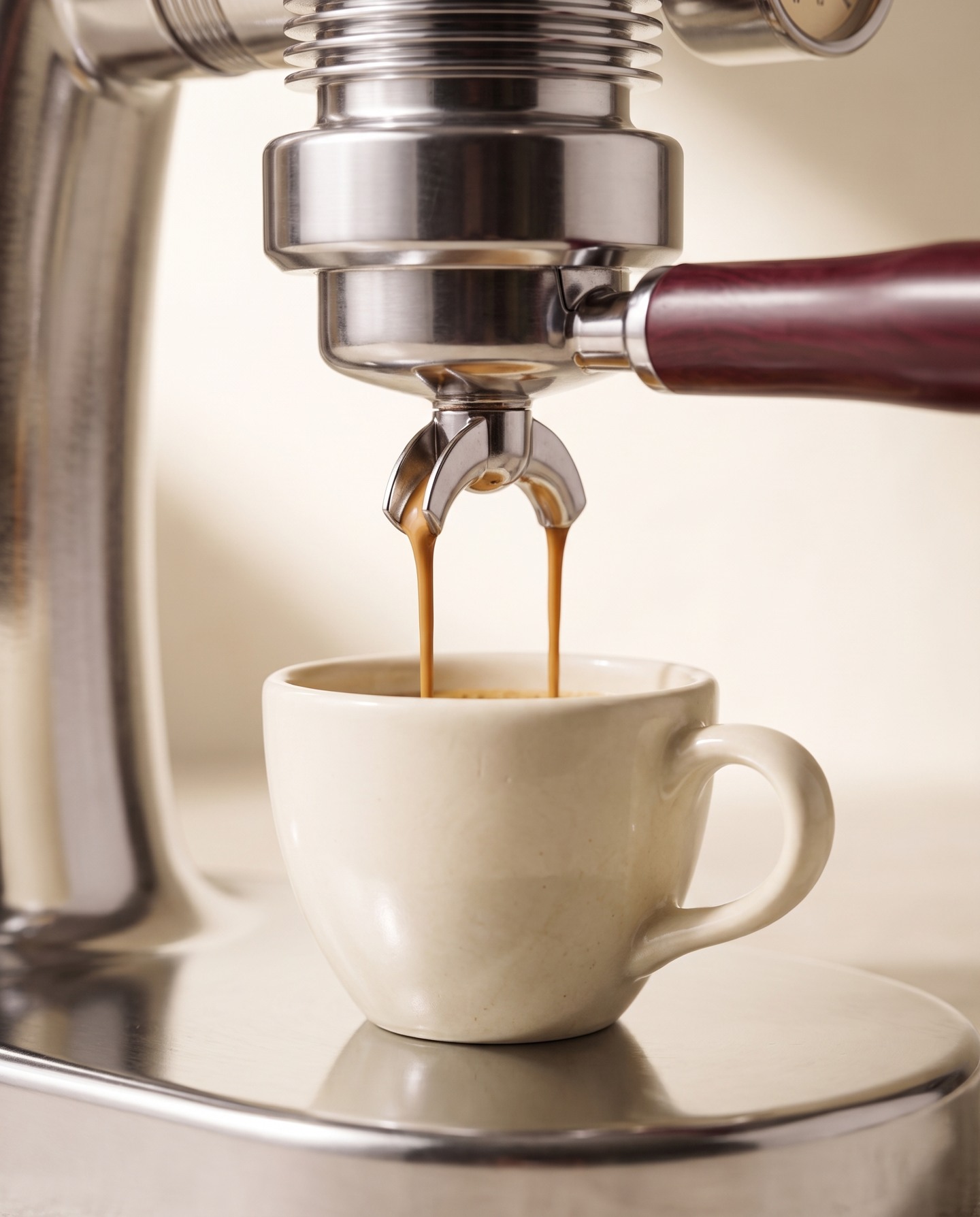 Detailed campaign image of polished espresso machinery and warm porcelain