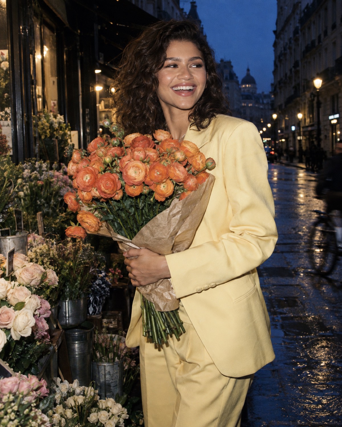 Direct flash separates the subject from a blue-hour street. Warm flowers carry the color story.