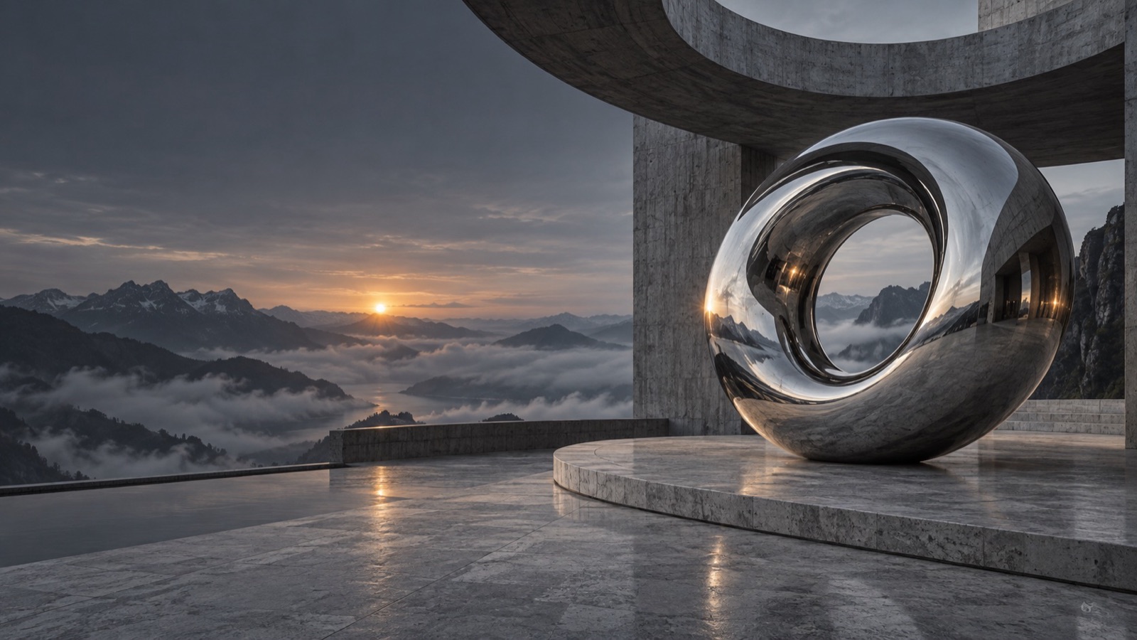 Chrome circular observatory above a mountain valley
