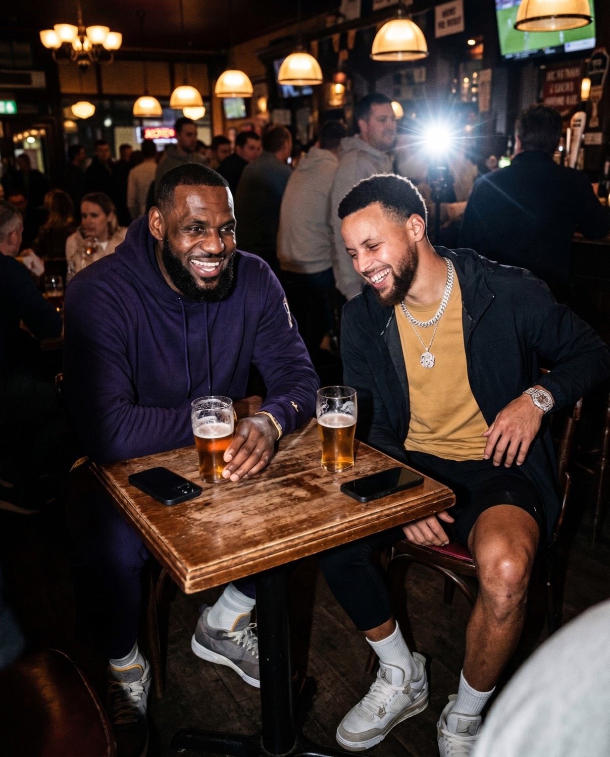 AI-generated imagined pub scene with two public figures laughing at a table